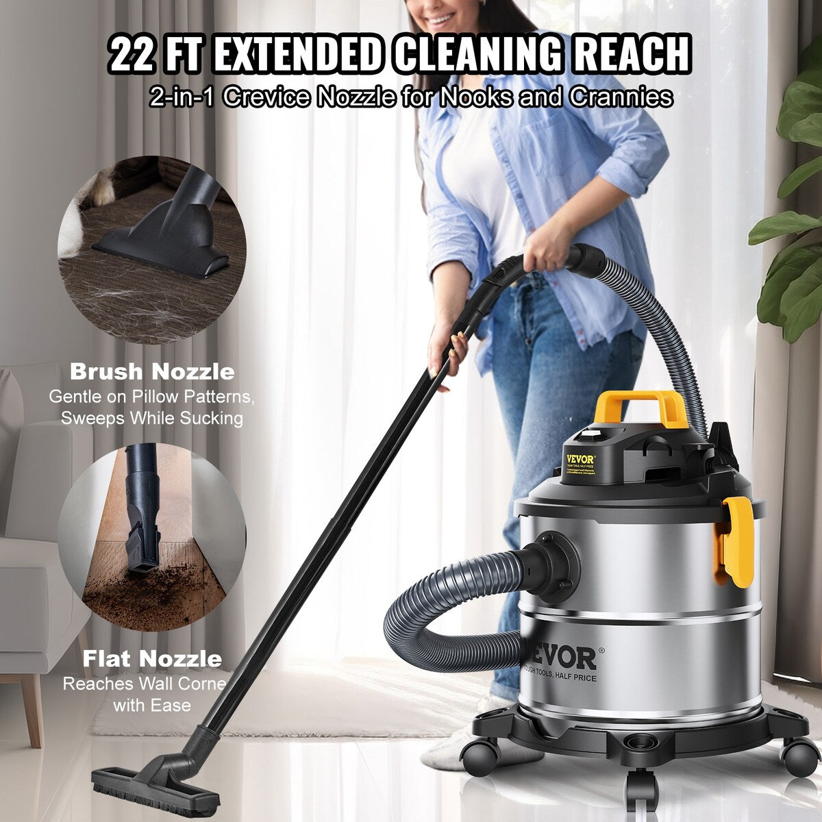 VEVOR Steel Wet Dry Shop Vacuum,Powerful Suction,Small Shop Vac Perfect for Carpet Debris,Pet Hair