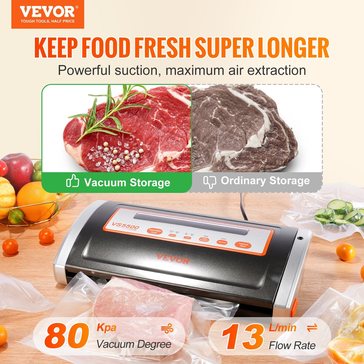 VEVOR Vacuum Sealer Machine 80/90/95Kpa Powerful Multifunctional for Dry and Moist Food Storage