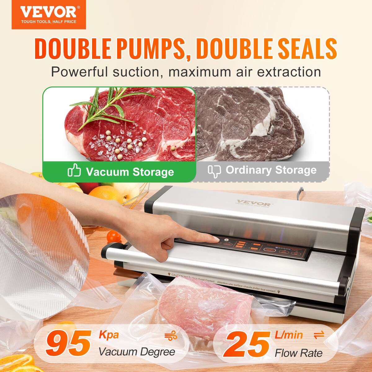 VEVOR Vacuum Sealer Machine 80/90/95Kpa Powerful Multifunctional for Dry and Moist Food Storage