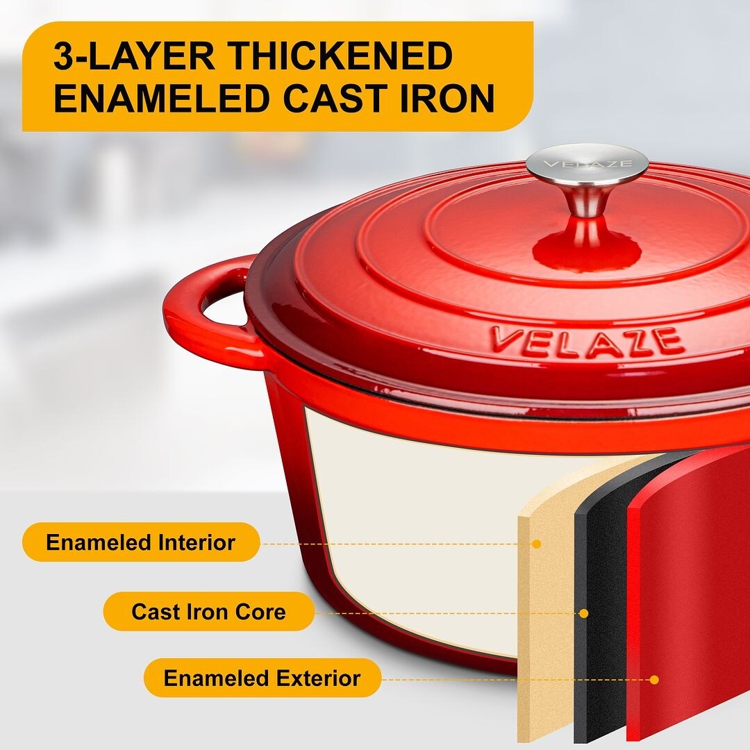Velaze Enameled 7.5Qt. Cast Iron Round Dutch Oven