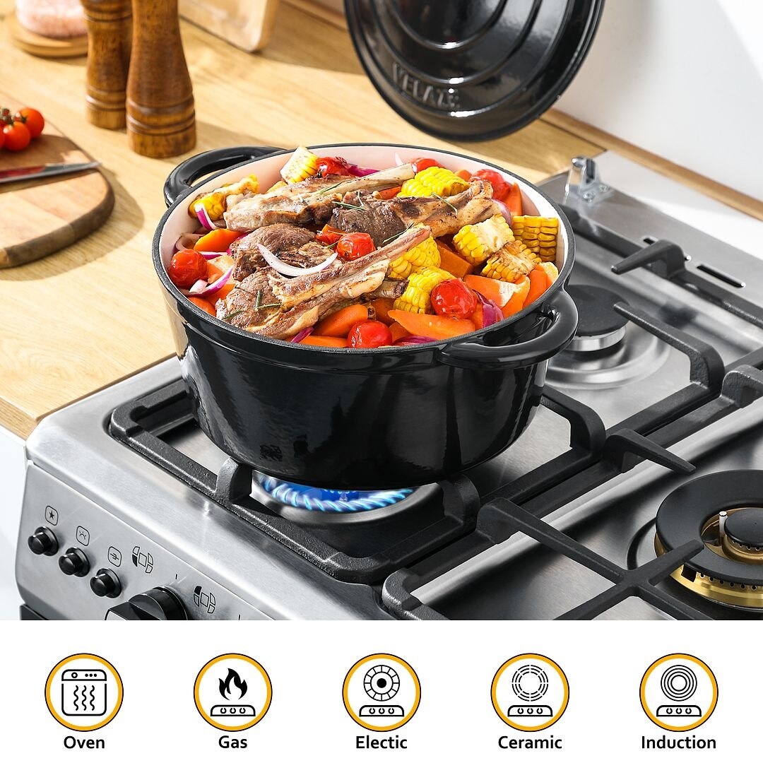 Velaze Enameled 7.5Qt. Cast Iron Round Dutch Oven