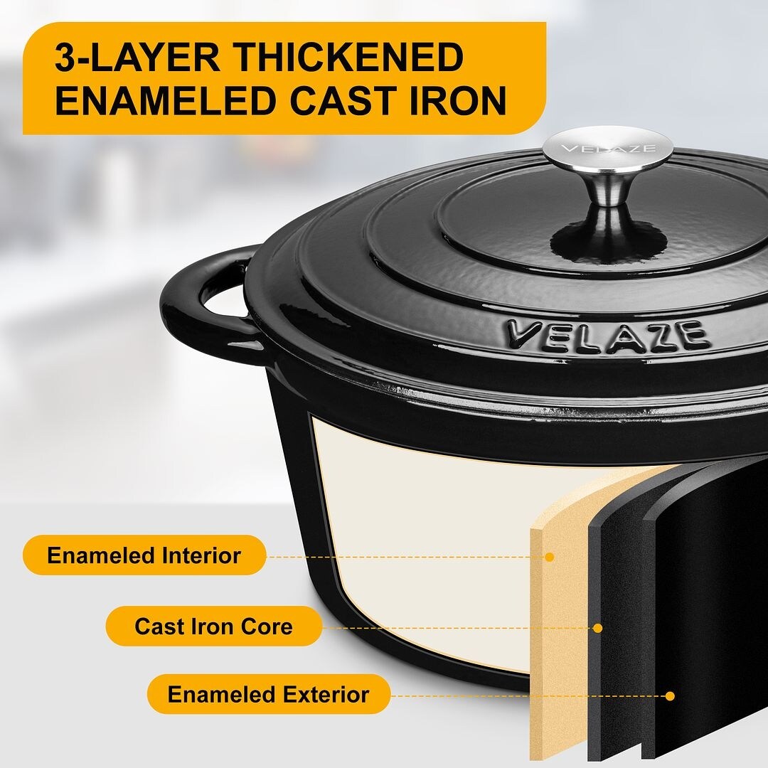Velaze Enameled 7.5Qt. Cast Iron Round Dutch Oven
