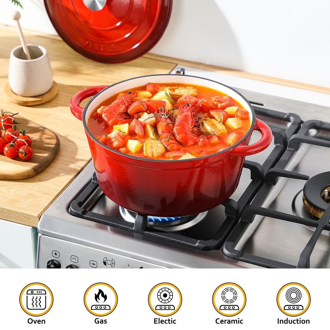 Velaze Enameled 7.5Qt. Cast Iron Round Dutch Oven