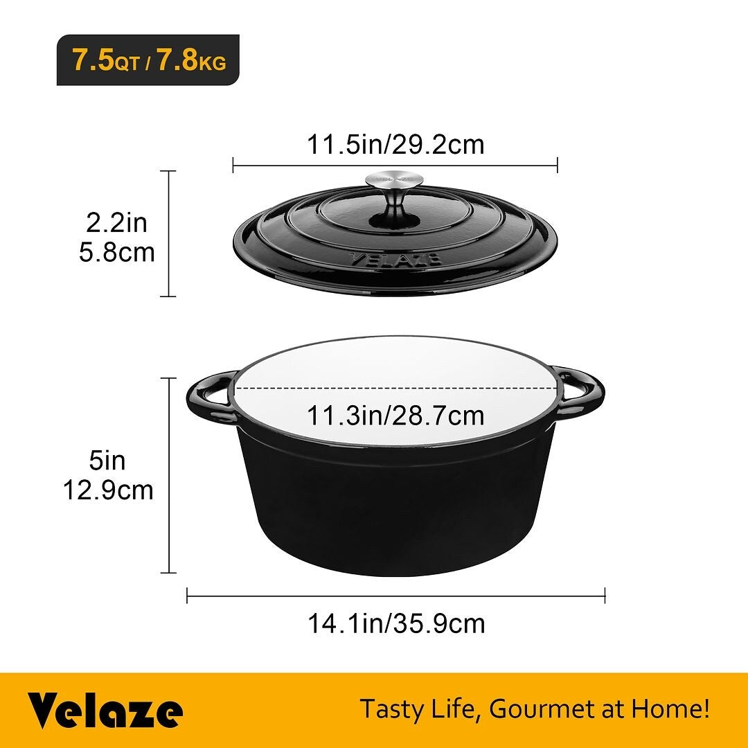 Velaze Enameled 7.5Qt. Cast Iron Round Dutch Oven