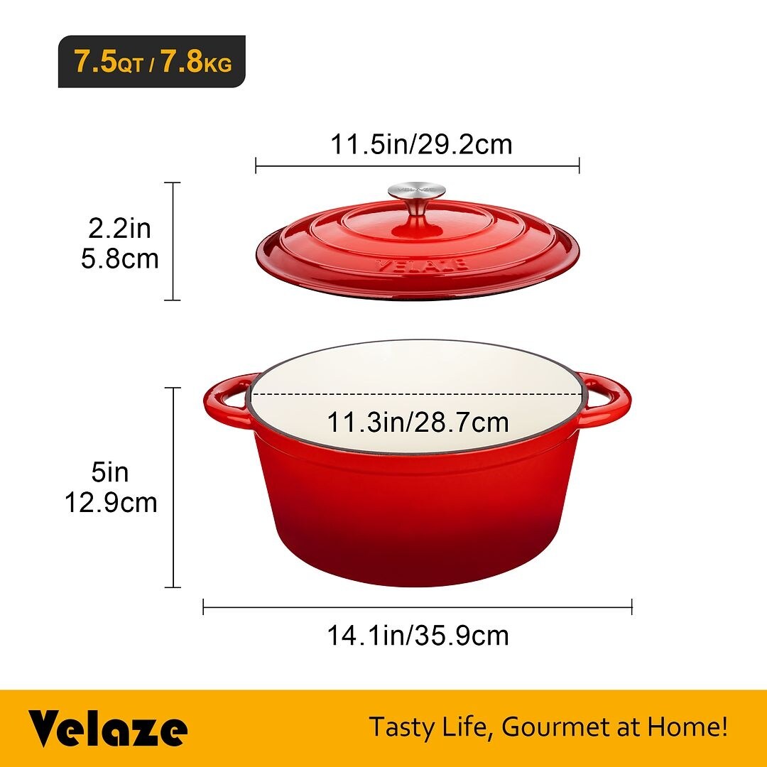 Velaze Enameled 7.5Qt. Cast Iron Round Dutch Oven