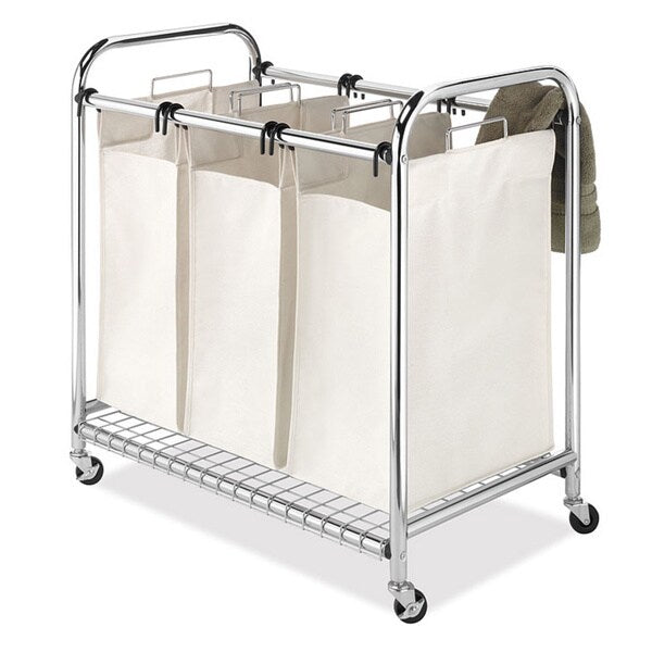 Whitmor triple laundry sorter with three canvas bags, wire shelf and wheels