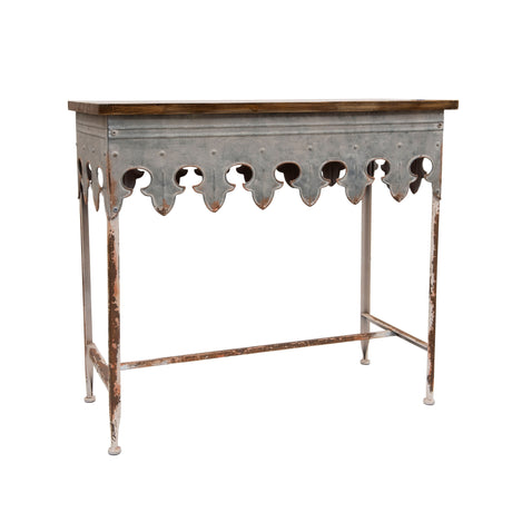 Zinc-Finished Metal and Wood Scalloped Edge Sofa Table